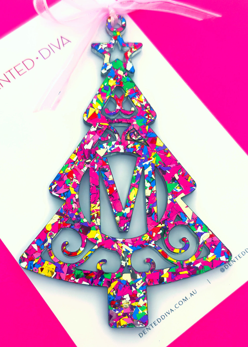 Tinsel Tree Bauble- Letter Glitter - MADE TO ORDER - Dented Diva